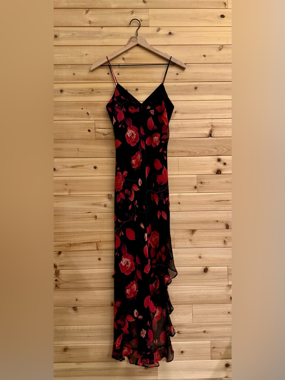 Vintage Y2K Small Black Red Floral Rose Ruffle Maxi Dress Salsa Whimsigoth Party